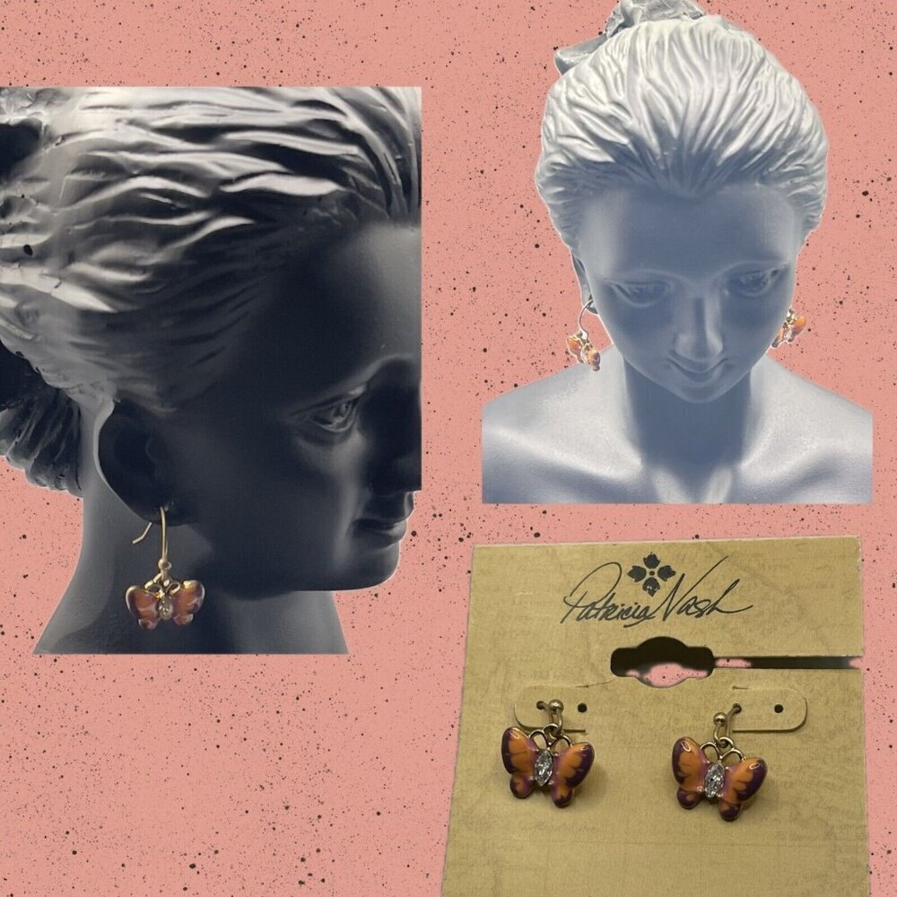 Patricia Nash Mini Butterfly Coral-Purple Pave Center French Wire Drop Earrings